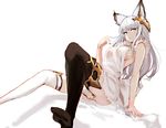  apron bangs black_legwear blue_eyes breasts erune frilled_apron frills granblue_fantasy hand_up highres homo_1121 korwa large_breasts long_hair looking_at_viewer mismatched_legwear naked_apron no_bra parted_lips sideboob sidelocks simple_background sitting smile solo thighhighs white_background white_hair white_legwear 