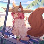  animal_ears bangs beach beach_umbrella bikini blue_bikini blue_sky bracelet breasts character_name closed_mouth cloud cloudy_sky copyright_name cup day drinking_glass drinking_straw fate/grand_order fate_(series) fox_ears fox_tail hair_between_eyes hair_over_shoulder hand_up hat highres holding holding_cup horizon jewelry long_hair looking_back medium_breasts nian outdoors palm_tree pink_hair see-through shade shirt short_sleeves side-tie_bikini sidelocks sitting sky smile solo straw_hat striped_towel sun_hat swimsuit t-shirt tail tamamo_(fate)_(all) tamamo_no_mae_(fate) tamamo_no_mae_(swimsuit_lancer)_(fate) towel tree umbrella wet wet_clothes wet_shirt white_shirt yellow_eyes yokozuwari 