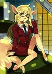  1girl animal_ears blonde_hair callie_briggs cat cat_ears furry glasses green_eyes highres long_hair necktie open_mouth pudding0728 smile suit swat_kats tail tie 