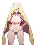  ass_visible_through_thighs bikini black_bikini blonde_hair breasts cameltoe covered_nipples frown furau green_eyes hair_over_one_eye hand_on_hip highres long_hair looking_at_viewer lusamine_(pokemon) mature medium_breasts navel pokemon pokemon_(game) pokemon_sm sagging_breasts simple_background solo standing swimsuit very_long_hair white_background 