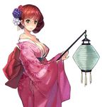  bangs bare_shoulders breasts brown_hair cleavage flower green_eyes hair_flower hair_ornament highres japanese_clothes kimono knightzzz lantern large_breasts long_hair long_sleeves looking_at_viewer obi off_shoulder paper_lantern pink_kimono sash sleeves_past_wrists smile solo wide_sleeves 