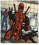  2boys abs ass bathroom bodysuit bulge deadpool gloves gun looking_at_viewer male_focus marvel mask middle_finger multiple_boys muscle pecs peeing phone spider-man suit sword toilet toilet_use weapon 
