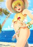  asymmetrical_hair bangs bare_shoulders beach bikini bikini_under_clothes blonde_hair bracelet breasts camisole crop_top day floral_print green_eyes hand_gesture hat hips idolmaster idolmaster_cinderella_girls jewelry looking_at_viewer miyamoto_frederica navel ocean open_mouth outdoors palm_tree pink_bikini_bottom red_bikini_top retsuna short_hair small_breasts smile solo sparkle straw_hat swept_bangs swimsuit thighs tree v 
