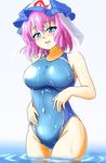  absurdres blue_eyes blue_swimsuit blush breasts competition_swimsuit d-m_(dii_emu) hat highres large_breasts mob_cap one-piece_swimsuit open_mouth pink_hair ripples saigyouji_yuyuko shiny shiny_clothes short_hair smile solo swimsuit touhou triangular_headpiece water wet wet_clothes wet_swimsuit 