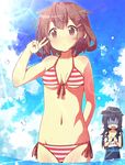  akatsuki_(kantai_collection) anchor_symbol bikini black_hair blue_hat blue_sky blue_swimsuit breast_envy breasts brown_eyes brown_hair cloud cowboy_shot day flat_cap flat_chest front-tie_top hair_ornament hairclip hat ikazuchi_(kantai_collection) jabittoson kantai_collection lens_flare long_hair looking_at_viewer lowleg lowleg_bikini multiple_girls name_tag navel one-piece_swimsuit outdoors red_bikini school_swimsuit shaded_face short_hair side-tie_bikini sky small_breasts solo_focus standing strap_slip striped striped_bikini swimsuit v water 