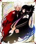  1girl amakusa_shirou_(fate) bangs black black_dress black_hair blonde_hair cloak closed_mouth cross dark_skin dress earrings eyebrows_visible_through_hair fate/apocrypha fate_(series) fur_trim highres isshiki_(ffmania7) jewelry long_hair looking_at_viewer multicolored_hair parted_bangs pointy_ears purple_hair semiramis_(fate) smile turtleneck very_long_hair white_hair yellow_eyes 