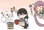  ahoge akebono_(kantai_collection) bell black_hair bowl chopsticks comic commentary cooking fan fish flower grill grilling hair_bell hair_between_eyes hair_flower hair_ornament holding holding_bowl holding_chopsticks jingle_bell kantai_collection multiple_girls neckerchief open_mouth otoufu paper_fan pink_background pleated_skirt rice rice_bowl saury school_uniform serafuku shadow shichirin short_sleeves side_ponytail sidelocks skirt smile smoke squatting translated uchiwa ushio_(kantai_collection) white_background 