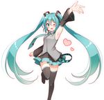  arm_up armpits black_legwear blush detached_sleeves green_eyes green_hair hatsune_miku heart long_hair looking_at_viewer necktie one_eye_closed open_mouth simple_background skirt smile snowmi solo thighhighs twintails very_long_hair vocaloid white_background 
