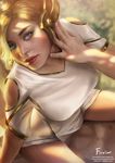 artist_name blonde_hair blue_eyes collarbone deviantart_username firolian from_above gumroad_username head_tilt highres looking_to_the_side mercy_(overwatch) overwatch patreon_username realistic sitting solo spread_legs 