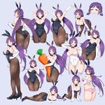  animal_ears arms_up ass bare_arms bent_over black_footwear black_legwear blue_background bra breasts bunny_ears bunny_tail bunnysuit carrot cleavage commentary cropped_legs detached_collar elbow_gloves fake_animal_ears from_behind gloves green_eyes grin hair_ornament hair_scrunchie hand_on_hip high_heels highres kurokawa_makoto large_breasts leotard long_hair love_live! love_live!_school_idol_project lying multiple_views on_side one_eye_closed panties pantyhose pink_bra pink_panties pink_scrunchie purple_hair purple_leotard purple_scrunchie scrunchie shiny shiny_clothes shoes sideboob simple_background smile standing tail teeth thigh_gap toujou_nozomi underwear underwear_only very_long_hair white_gloves white_leotard 