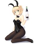  alcohol alternate_costume animal_ears bangs bare_shoulders black_bow black_legwear black_leotard black_neckwear blonde_hair blush bow bowtie breasts bunny_girl bunny_tail bunnysuit cleavage closed_mouth covered_navel detached_collar fake_animal_ears full_body green_eyes hairband isaki_(gomi) leotard looking_at_viewer mizuhashi_parsee pantyhose pointy_ears short_ponytail sitting small_breasts solo tail touhou wine wrist_cuffs 