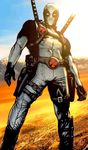  1boy bodysuit day deadpool desert gloves looking_at_viewer male_focus marvel mask muscle outdoors solo suit sun sword weapon 