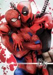  2boys bodysuit deadpool looking_at_viewer male_focus marvel mask multiple_boys pointing spider-man suit sword yaoi 