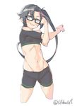  amagiri_(kantai_collection) bare_shoulders bike_shorts black-framed_eyewear black_eyes black_hair blush commentary_request cowboy_shot cropped_legs ebifurya eyebrows_visible_through_hair glasses groin highres kantai_collection long_hair navel open_mouth ponytail simple_background solo stomach stretch toned twitter_username white_background 