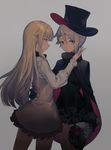  ange_(princess_principal) asymmetrical_hair black_gloves black_skirt blonde_hair blue_eyes blush bouquet braid breasts cape cloak flower frills fur_trim gloves grey_hair hat highres huanxiang_heitu long_hair looking_at_viewer multiple_girls princess_(princess_principal) princess_principal short_hair skirt small_breasts smile top_hat yuri 