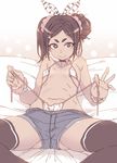  ass_visible_through_thighs bangs bare_shoulders bed bed_sheet bikini_tan black_choker black_eyes black_hair black_legwear blush bra bracelet breasts choker closed_mouth commentary_request covered_nipples denim denim_shorts fingernails hair_bun hair_ornament hair_scrunchie hairclip hikimayu jewelry lifted_by_self looking_at_viewer lying navel on_back on_bed panties panty_lift parted_bangs pink_scrunchie polka_dot polka_dot_panties scrunchie short_eyebrows short_shorts shorts side-tie_panties skindentation small_breasts smile solo tan tanline tasaka_shinnosuke thick_eyebrows thighhighs underwear undone_bra untied untied_bra untied_panties untying white_bra white_panties 