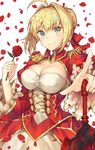  &gt;:) aestus_estus ahoge bad_id bad_pixiv_id bangs blush breasts cleavage cleavage_cutout closed_mouth dress epaulettes eyebrows_visible_through_hair fate/extra fate_(series) flower foreshortening g.t hair_intakes hair_ribbon highres holding holding_sword holding_weapon large_breasts long_sleeves looking_at_viewer nero_claudius_(fate) nero_claudius_(fate)_(all) petals pointing pointing_at_viewer red_dress red_flower red_ribbon red_rose ribbon rose rose_petals short_hair simple_background smile solo sword unsheathed upper_body v-shaped_eyebrows weapon white_background 