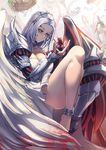  angel angel_wings asymmetrical_wings blood blood_stain blue_eyes breasts cleavage closed_mouth commentary gauntlets headpiece highres huihui_(d0250028020) knees_up large_breasts long_hair looking_at_another silver_hair single_gauntlet single_greave single_pauldron solo wings 
