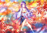  autumn bell chinese_clothes leaves long_hair purple_hair red_eyes signed snow vocaloid vocaloid_china water xin_hua yu_jiu 