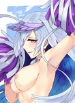  armpits blush breasts brynhildr_(fate) cheer_for_master cheerleader commentary_request dated fate/grand_order fate_(series) from_side highres looking_at_viewer looking_to_the_side medium_breasts nipples parted_lips pink_eyes pom_poms profile silver_hair smile solo topless upper_body winged_hair_ornament yorei_(death0813) 