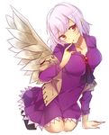 :o ascot blush breasts brooch commentary_request dress feathered_wings finger_to_mouth grey_wings jacket jewelry kishin_sagume kneeling konnyaku_(yuukachan_51) lavender_hair long_sleeves looking_at_viewer medium_breasts open_clothes open_jacket purple_dress red_eyes short_hair single_wing solo touhou wings 