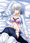  bed bra breasts cleavage closed_eyes dated groin izayoi_sakuya large_breasts long_sleeves lying navel on_back open_clothes open_mouth open_shirt panties partially_undressed pillow purple_bra purple_panties shirt short_hair signature silver_hair sleeping solo tatsuya_(guild_plus) touhou underwear 