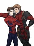  2boys abs bodysuit brown_eyes brown_hair deadpool facial_hair looking_at_another male_focus marvel multiple_boys muscle pecs simple_background spider-man suit 