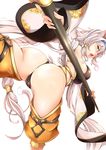  apsaras_(granblue_fantasy) arched_back ass bare_shoulders braid breasts brown_eyes cosplay cyoppu detached_sleeves erune from_behind granblue_fantasy hair_tubes hairband heles highres large_breasts long_hair looking_back silver_hair single_braid solo spread_legs staff thong very_long_hair white_background wide_sleeves 