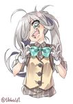  ahoge alternate_costume aqua_bow aqua_neckwear asashimo_(kantai_collection) bow bowtie collared_shirt ebifurya eyebrows_visible_through_hair gloves grey_eyes grey_hair hair_over_one_eye head_tilt highres kantai_collection long_hair looking_at_viewer open_mouth polka_dot polka_dot_bow polka_dot_neckwear ponytail sharp_teeth shirt short_sleeves simple_background solo star striped striped_shirt teeth twitter_username upper_body vertical-striped_shirt vertical_stripes white_background white_gloves 