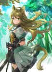  ahoge animal_ears atalanta_(fate) black_gloves black_legwear bow_(weapon) cat_ears commentary_request fate/apocrypha fate_(series) gloves green_eyes green_hair long_hair looking_at_viewer smile solo tail thighhighs weapon yoshimo_(yoshimo1516) 