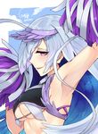  armpits blush breasts brynhildr_(fate) cheer_for_master cheerleader commentary_request covered_nipples crop_top crop_top_overhang dated fate/grand_order fate_(series) from_side highres looking_at_viewer looking_to_the_side medium_breasts parted_lips pink_eyes pom_poms profile silver_hair smile solo underboob upper_body winged_hair_ornament yorei_(death0813) 