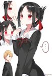  ... 1boy 1girl bangs black_dress black_hair black_jacket blonde_hair blush breasts closed_mouth collared_shirt commentary_request dress empty_eyes expressions eyebrows_visible_through_hair folded_ponytail hair_ribbon jacket kaguya-sama_wa_kokurasetai_~tensai-tachi_no_renai_zunousen~ long_sleeves myuton neck_ribbon nose_blush parted_bangs parted_lips profile red_eyes red_ribbon ribbon shinomiya_kaguya shirogane_miyuki shirt simple_background small_breasts spoken_ellipsis sweat twitter_username wavy_mouth white_background 