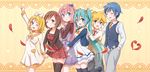  4girls arm_up blonde_hair blue_eyes blue_hair blush bow brown_eyes brown_hair closed_eyes feathers green_hair hair_bow hair_ornament hairclip hand_in_pocket hands_on_shoulders hatsune_miku heart holding_hands kagamine_len kagamine_rin kaito long_hair looking_at_viewer megurine_luka meiko multiple_boys multiple_girls necktie one_eye_closed open_mouth pink_hair short_hair skirt smile snowmi twintails vocaloid 