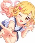  :d aikatsu!_(series) aikatsu_stars! blonde_hair blue_footwear blue_skirt blush bow bracelet brown_eyes gradient_hair hair_bow hair_ornament hairclip highres jewelry leaning_forward long_hair looking_at_viewer multicolored_hair nijino_yume one_eye_closed open_mouth pink_bow pink_hair pointing pointing_at_viewer sekina shirt shoes short_sleeves simple_background sketch skirt smile socks solo standing standing_on_one_leg thigh_gap v-shaped_eyebrows white_background white_legwear white_shirt 