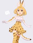  animal_ears elbow_gloves fur_collar gloves grey_background high-waist_skirt highres japari_symbol kemono_friends kise_(swimmt) orange_eyes orange_hair print_gloves print_legwear print_neckwear serval_(kemono_friends) serval_ears serval_print serval_tail shirt signature simple_background skirt sleeveless sleeveless_shirt solo striped_tail tail thighhighs zettai_ryouiki 