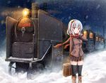  black_legwear blush locomotive night original red_eyes red_scarf scarf skirt snow snowman snowmi solo steam_locomotive suitcase thighhighs white_hair 