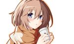  blanc blue_eyes blush brown_hair coffee cup holding holding_cup iwasi-r looking_at_viewer neptune_(series) scarf short_hair solo 