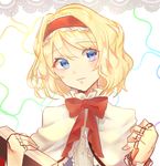  alice_margatroid blonde_hair blue_eyes blush bow bowtie capelet commentary_request hairband konnyaku_(yuukachan_51) lolita_hairband looking_at_viewer parted_lips puppet_rings red_bow red_neckwear short_hair smile solo touhou upper_body 
