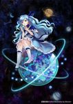  artist_name blue_dress blue_eyes blue_hair blue_ribbon boots capelet dress full_body fur_trim highres long_hair momori open_mouth ribbon romantic_saga_of_beauty_&amp;_devil sima_hui sitting solo star two_side_up very_long_hair wavy_hair 