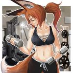  animal_ears bare_shoulders blurry blurry_background blush breasts brown_hair closed_eyes collarbone commentary_request cowboy_shot depth_of_field doitsuken dumbbell eyebrows_visible_through_hair fox_ears fox_girl fox_tail gym gym_shorts heavy_breathing highres indoors large_breasts long_hair midriff mole mole_under_eye navel original outside_border parted_lips ponytail profile shorts solo sports_bra sportswear standing sweat tail weightlifting weights 