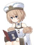  bare_shoulders blanc blue_eyes book brown_hair cross-laced_clothes drawfag english hat holding holding_book neptune_(series) open_book reading recursion short_hair simple_background solo spaghetti_strap white_background 