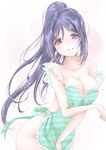 apron apron_tug blue_hair blush breasts cleavage clenched_hand collarbone flying_sweatdrops frapowa frills green_apron grin large_breasts long_hair long_ponytail looking_at_viewer love_live! love_live!_sunshine!! matsuura_kanan naked_apron plaid plaid_apron ponytail purple_eyes smile solo 