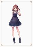  adjusting_hair ankle_boots bangs belt belt_buckle black_bow black_dress black_footwear blush boots bow brown_eyes brown_hair buckle collared_shirt dress frilled_dress frills full_body hair_bow hand_in_hair hand_up highres kobuta legs_apart light_smile looking_at_viewer no_socks original parted_lips pinafore_dress shirt short_hair short_sleeves sidelocks simple_background solo standing white_background white_shirt wing_collar 