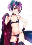  artist_name ass_visible_through_thighs bangs bikini black_bikini black_gloves blunt_bangs bow contrapposto cowboy_shot dated eyebrows_visible_through_hair fate/grand_order fate_(series) flat_chest garrison_cap gloves grin hair_bow halterneck hand_on_hip hand_up hat headphones helena_blavatsky_(fate/grand_order) helena_blavatsky_(swimsuit_archer)_(fate) highres jacket_over_shoulder koruri looking_at_viewer navel parted_lips ponytail purple_eyes purple_hair simple_background smile solo standing string_bikini swimsuit thighhighs thighs twitter_username white_background 