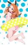  ass barefoot bikini brown_hair hairband haseneko highres idolmaster idolmaster_(classic) innertube long_hair looking_at_viewer looking_back minase_iori open_mouth pink_bikini polka_dot polka_dot_background polka_dot_innertube red_eyes solo swimsuit yellow_innertube 