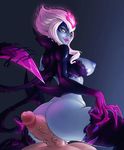  areolae ass blue_skin breasts buttjob erect_nipples evelynn from_behind girl_on_top huge_ass large_breasts league_of_legends lipstick looking_at_viewer looking_back nipples penis pussy scythe sharp_fingernails sideboob slit_pupils smile uncensored white_eyes white_hair 
