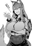  absurdres animal_ear_fluff animal_ears breast_hold breasts fate/extra fate/grand_order fate_(series) fox_ears fox_tail greyscale grin hair_between_eyes handjob_gesture highres large_breasts long_hair monochrome oosawara_sadao skirt smile solo suzuka_gozen_(fate) tail translated 
