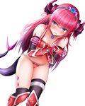 black_legwear blue_eyes blush breasts choker covering covering_breasts elizabeth_bathory_(brave)_(fate) elizabeth_bathory_(fate)_(all) embarrassed eyebrows_visible_through_hair fate/grand_order fate_(series) gauntlets highres horns karu_(qqqtyann) long_hair looking_to_the_side pink_hair pointy_ears silver_trim simple_background small_breasts solo standing tail thighhighs topless white_background 