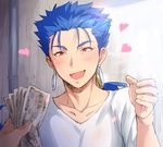  blue_hair blush earrings fang fate/stay_night fate_(series) gesture handjob_gesture heart implied_yaoi jewelry lancer long_hair looking_at_viewer male_focus male_prostitution money multiple_boys open_mouth out_of_frame ponytail prostitution red_eyes sexually_suggestive smile solo_focus yami_no_naka 