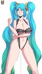  1girl aqua_hair areolae blue_eyes blue_hair breasts cleavage gradient_hair large_breasts league_of_legends long_hair navel peeing see-through solo sona_buvelle standing tagme underwear very_long_hair 